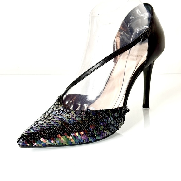 Chantal 1962 Italian Sequin Heels US 7 EU 37.5 Black Leather Iridescent Sequins - Picture 1 of 12
